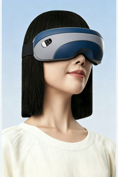 The model wearing an eye massager can better demonstrate the state of being in use.